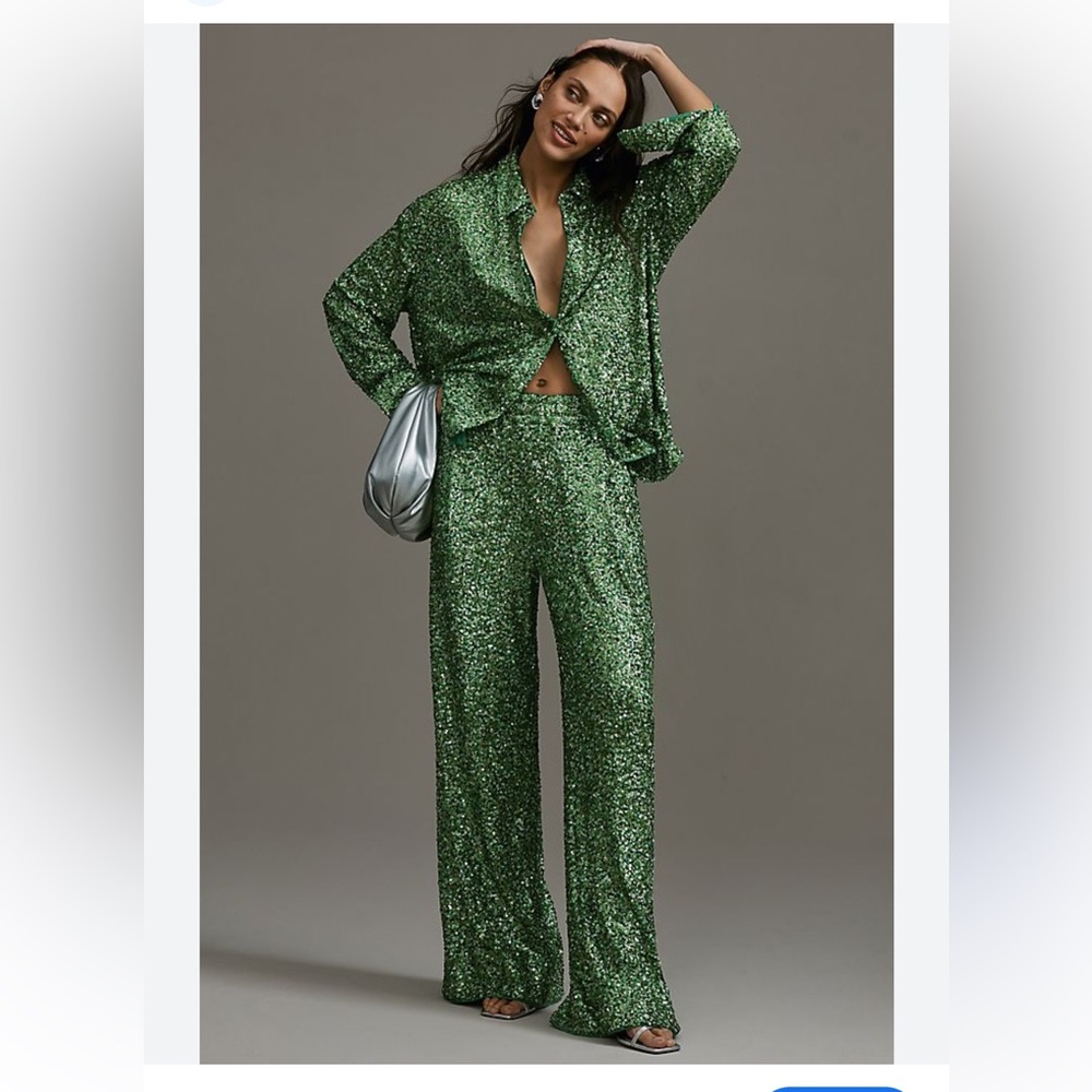 Anthropologie Green Sequin Wide Leg Pants